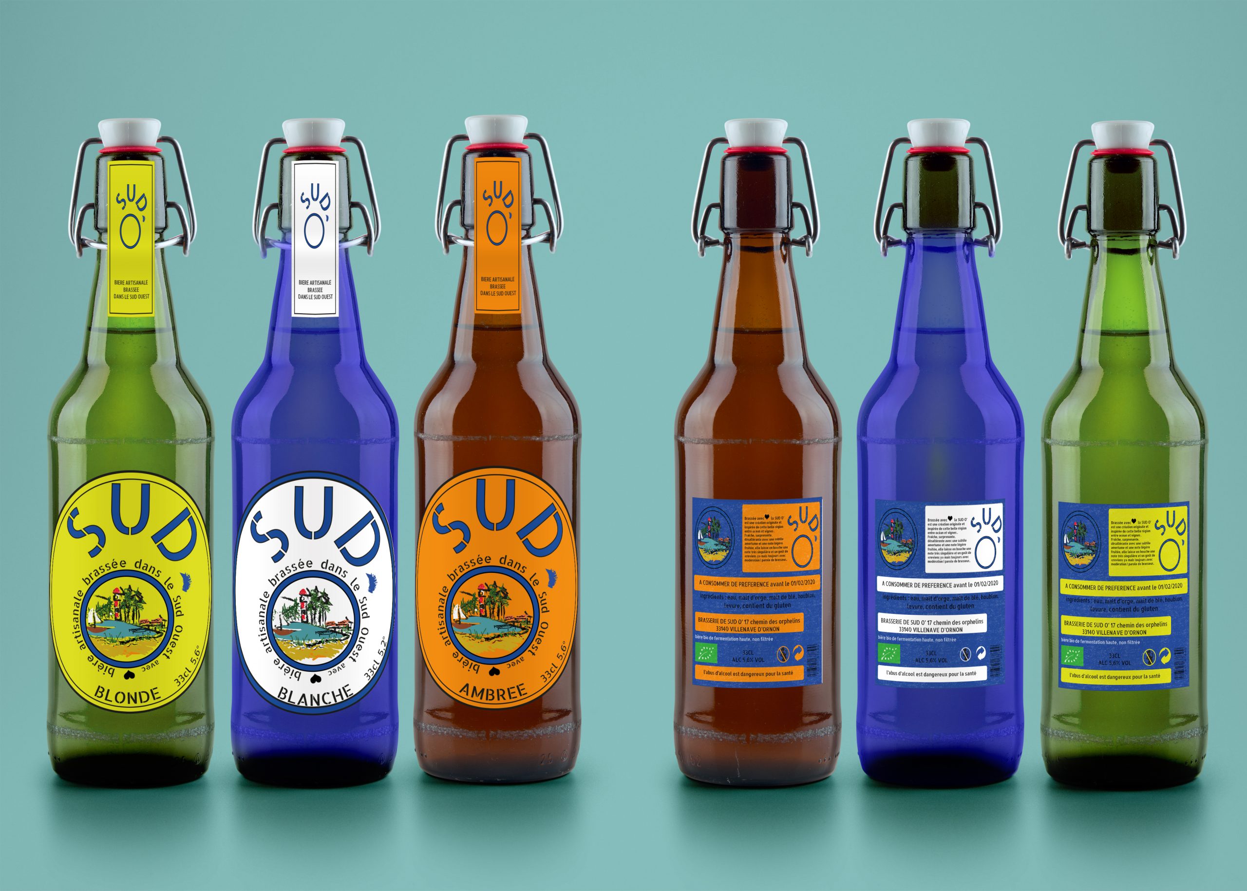 mock up de présentation de la création d'étiquette de bières blonde blanche et ambrée sud o'