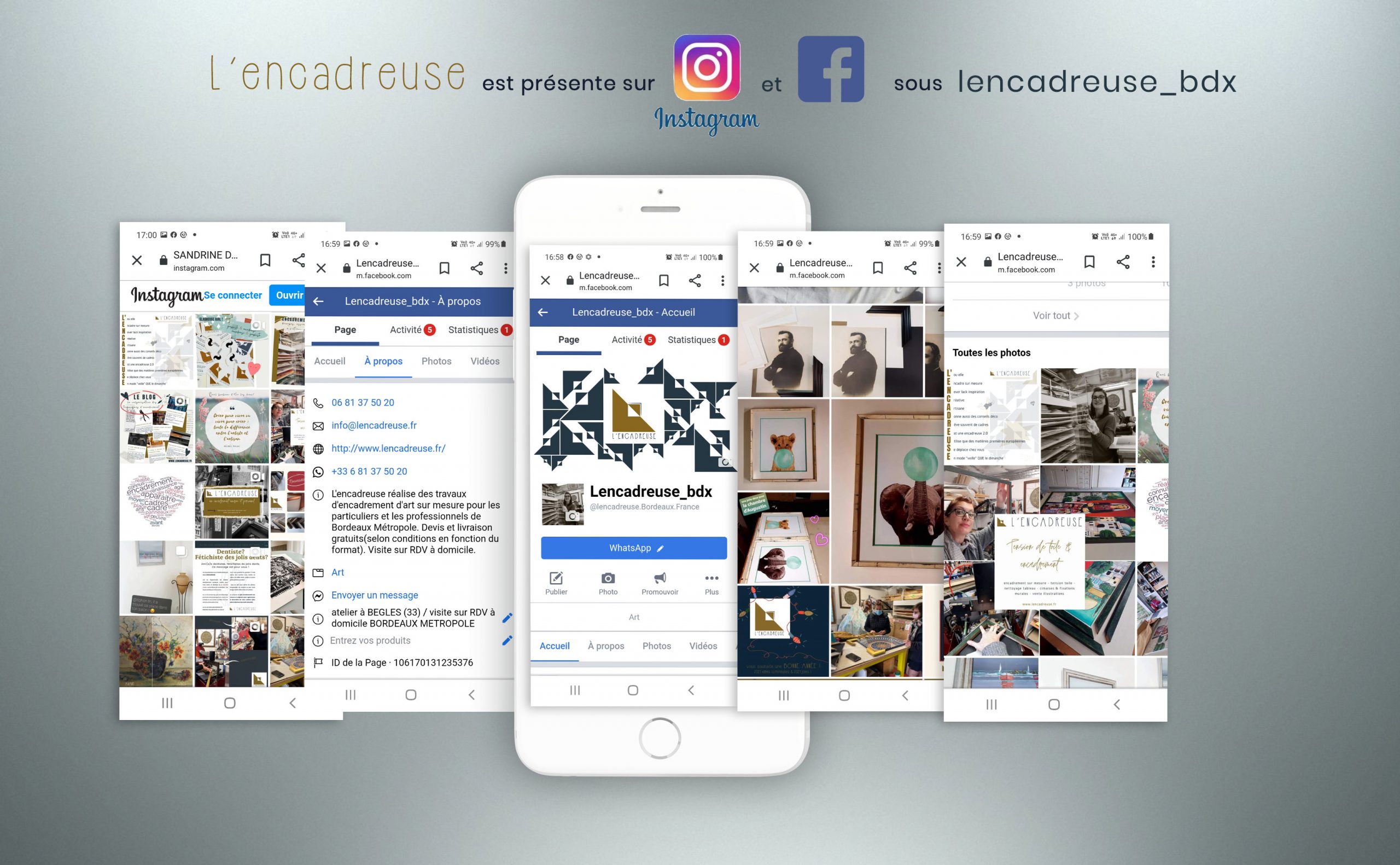 maquettes mobile instagram + fb lencadreuse pages instagram et facebook de l'encadreuse